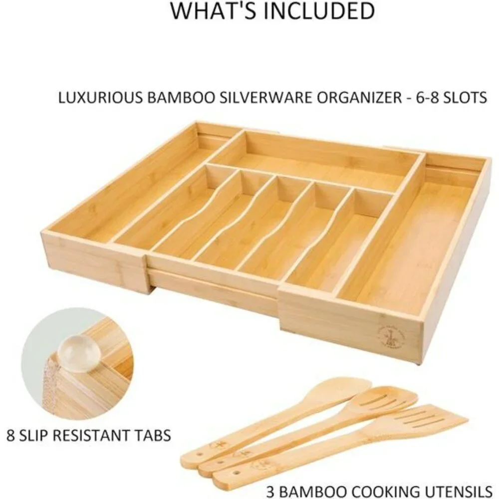 Expandable bamboo silverware drawer organizer large utensil flatware cutlery tra